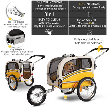 Aobei 3-In-1 Dog Bicycle Trailer, Dog Stroller, and Dog Jogging Stroller