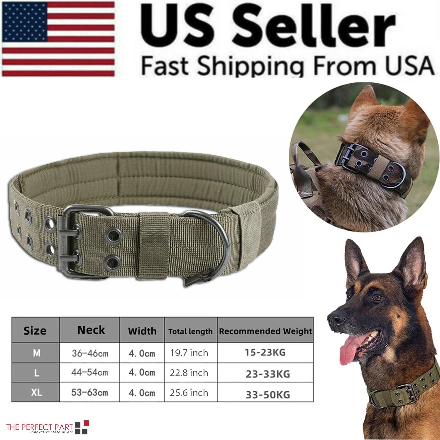 2" Wide Tactical Heavy Duty Nylon Large Dog Collar K9 Military with Metal Buckle